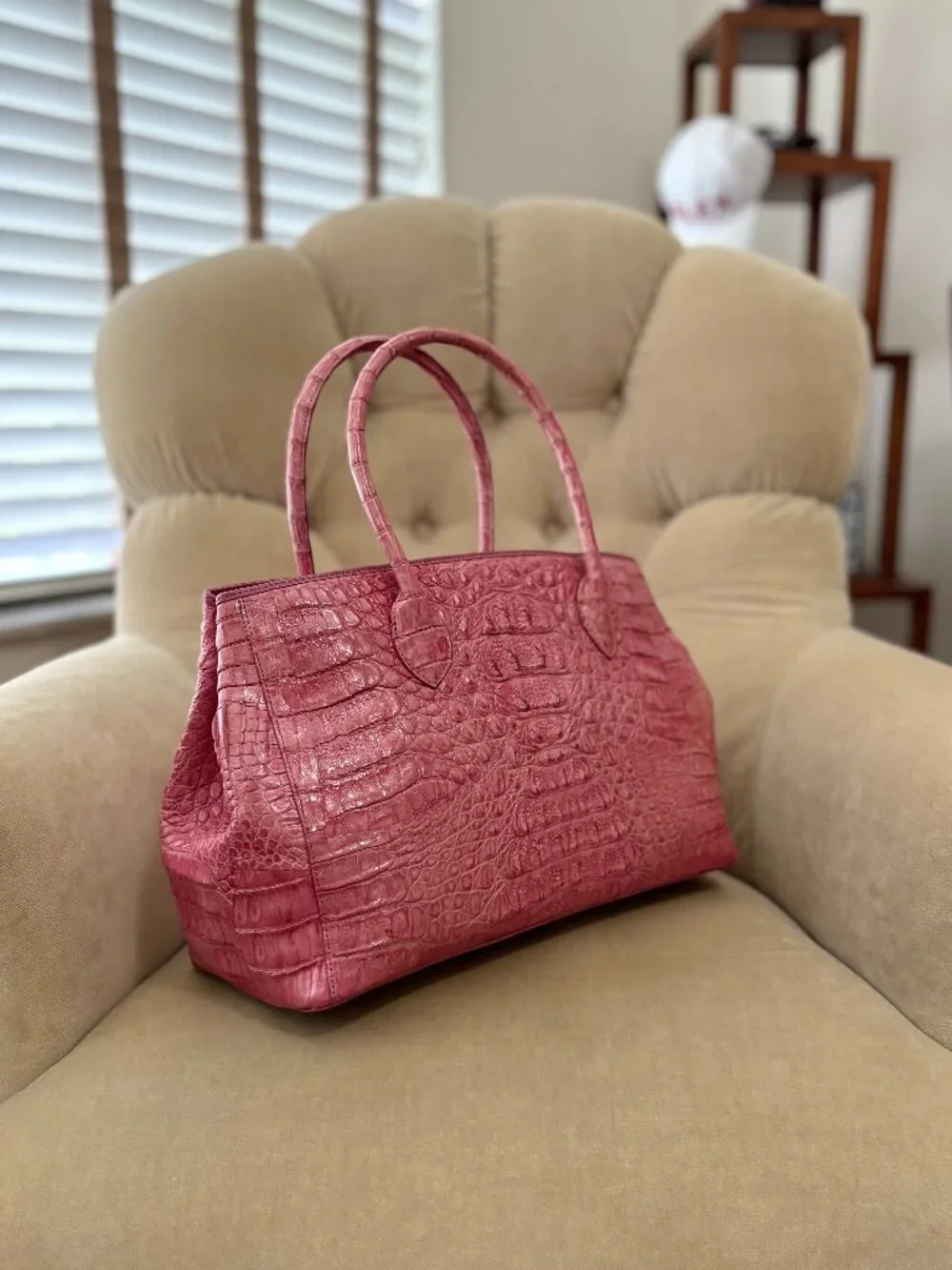 Auth RIVER Brand Genuine Caiman Crocodile Pink Rose Satchel Bag....GORGEOUS!!!